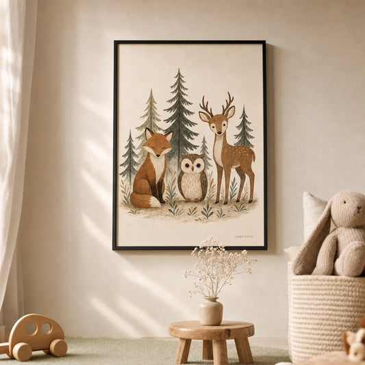 Forest Animals Trio Poster — Fox owl deer woodland animals in soft earth tones, lifestyle in interior, Atelier Poster
