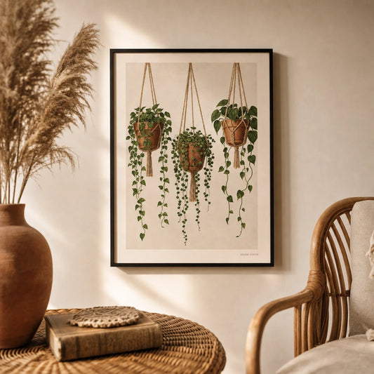 Boho Hanging Plants Trio Poster — Three hanging trailing plants in terracotta pots on macrame, lifestyle in interior, Atelier Poster