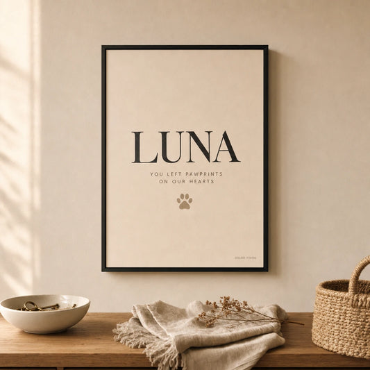 Custom Pet Name Tribute Poster — Personalized pet name elegant Playfair serif tribute keepsake, lifestyle in interior, Atelier Poster
