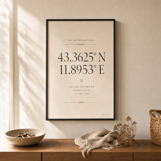Wedding Coordinates Custom Poster — Personalized wedding venue coordinates elegant serif typography, lifestyle in interior, Atelier Poster