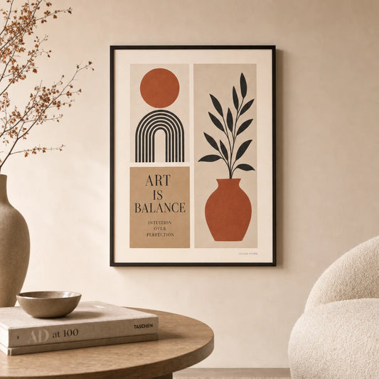 Mixed Style Curated Three Set Gallery Poster — Three-print mixed style curated abstract botanical typography, lifestyle in interior, Atelier Poster