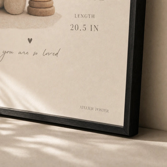 Birth Stats Nursery Custom Poster — Personalized birth stats name date weight elegant typography, close-up detail of print, Atelier Poster