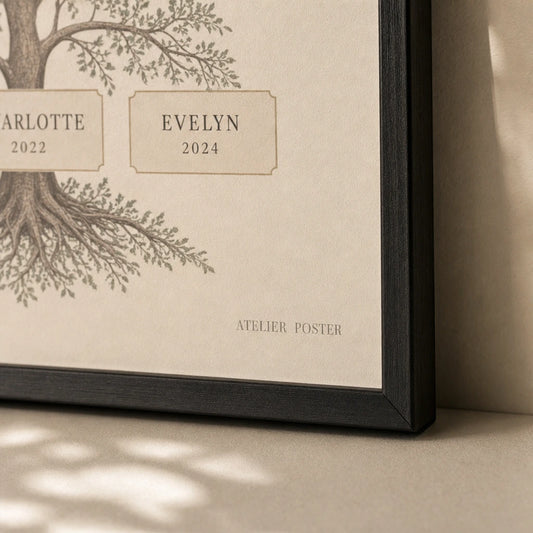 Family Tree Names Custom Poster — Personalized family tree three generations elegant serif, close-up detail of print, Atelier Poster