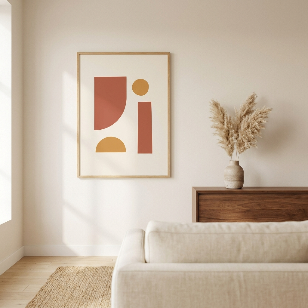 Modern abstract wall art print with terracotta and ochre geometric shapes, framed in natural oak above a cream linen sofa — minimalist living room with warm earth-tone palette and walnut wood console