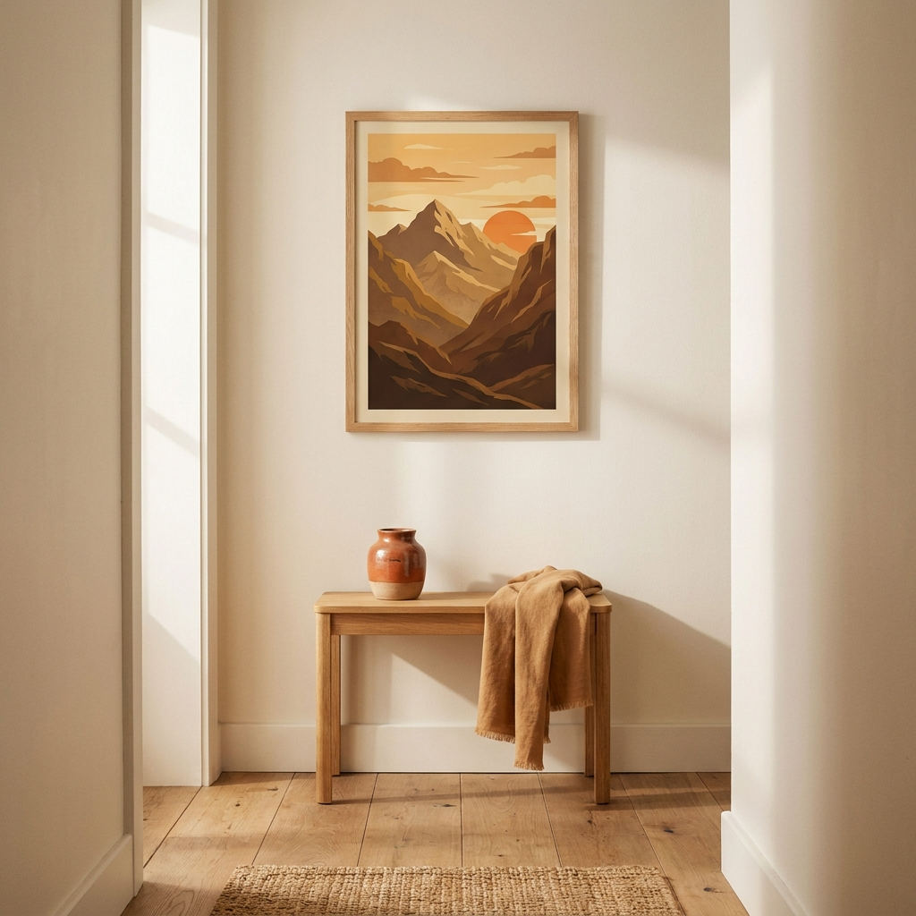 Vintage WPA-style travel poster of mountains and sunset in warm browns and ochre, framed in natural oak on cream hallway wall above a console with folded linen scarf — golden hour light