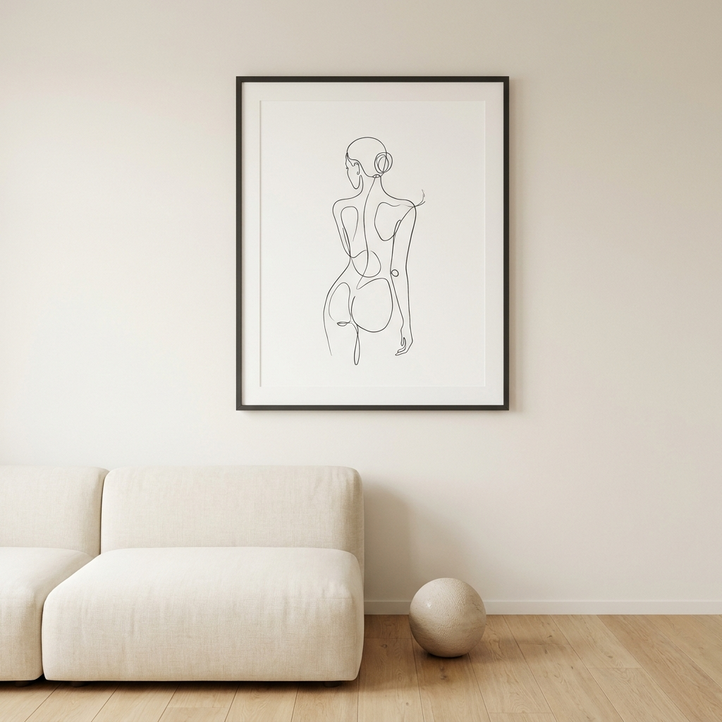 Minimalist single-line drawing of an abstract face in thin black ink on pure white background, framed in slim black wood above a low cream linen sofa — modern living room with generous negative space