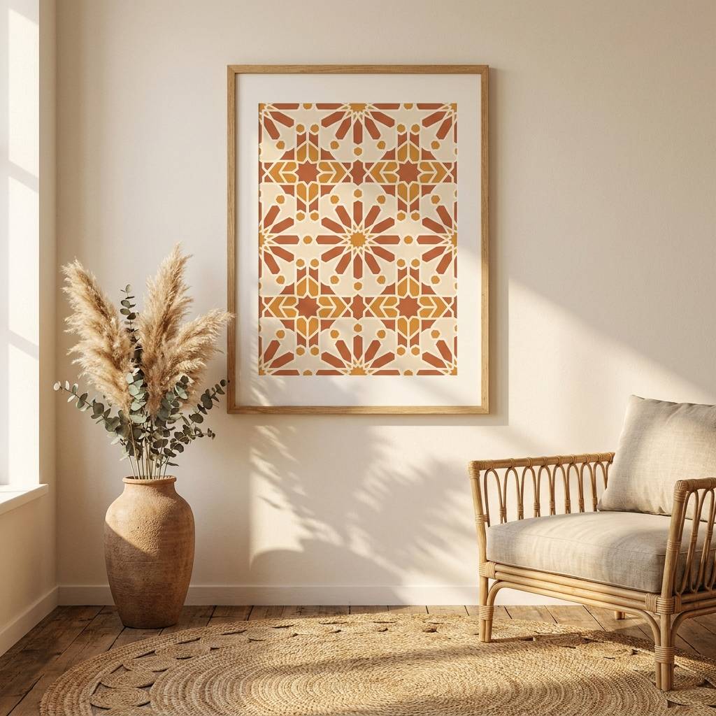 Large boho-pattern art poster with Moroccan-inspired geometric design in terracotta and ochre tones, framed in oak on cream wall above rattan chair and woven jute rug with pampas grass in ceramic vase — warm bohemian living room