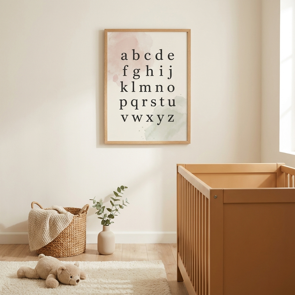 Soft pastel alphabet poster in serif lowercase letters on cream background, framed in oak above wooden crib with woven basket, plush bear, eucalyptus in ceramic vase — serene nursery with morning light