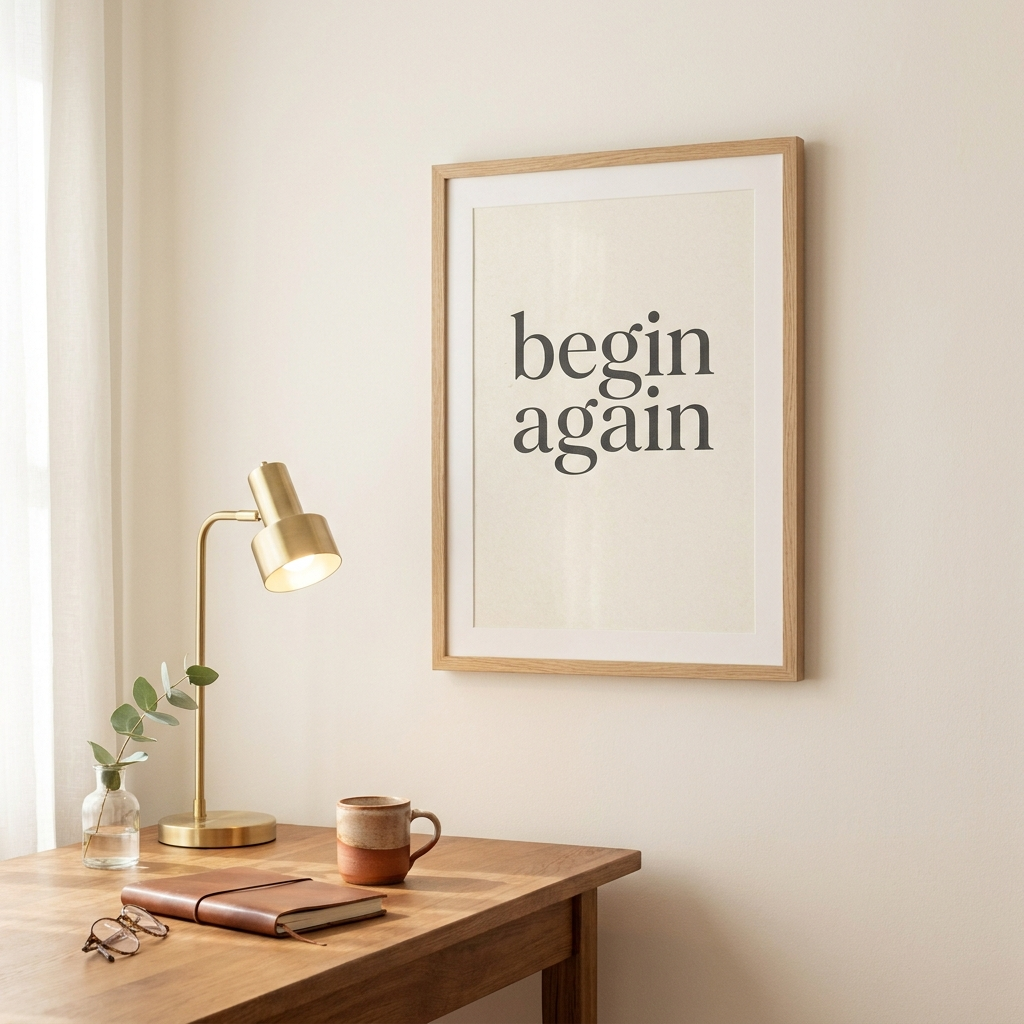 Quiet typography poster reading 'begin again' in elegant Playfair Display serif on cream background, framed in thin natural oak above wooden desk with brass lamp, leather notebook, ceramic mug, eucalyptus stem in glass vase — warm minimalist home office