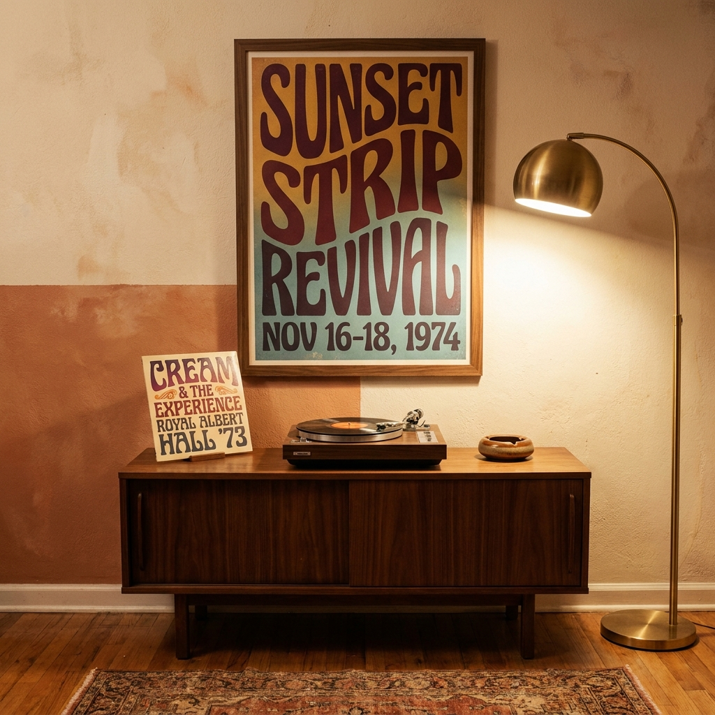 Retro 70s music concert poster with bold typography in deep burgundy and ochre, framed in walnut on cream wall above vintage credenza with turntable and vinyl sleeve — nostalgic listening room with brass lamp