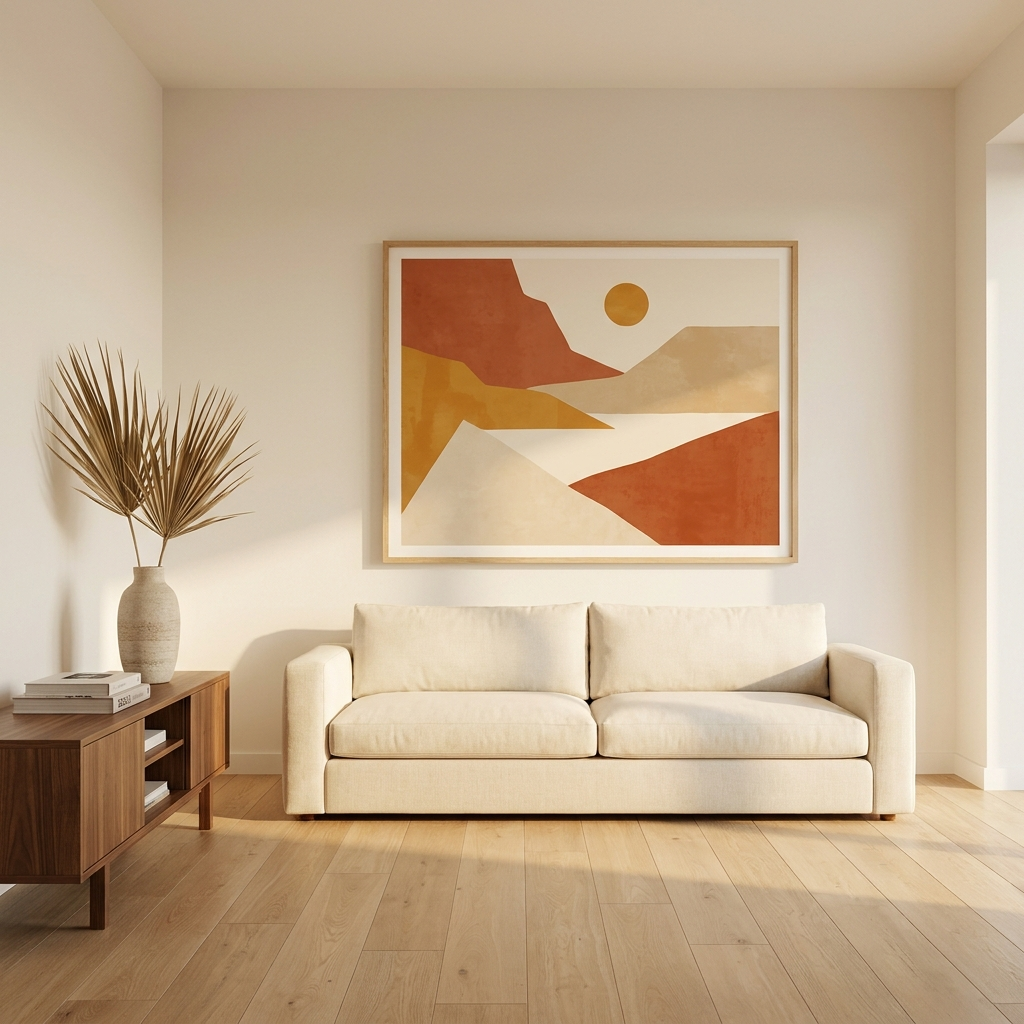 Oversized abstract statement art poster in earth tones with bold geometric shapes, framed in thin oak above long low cream linen sofa with walnut console and tall ceramic vase holding dried palm fronds — modern living room in golden hour light