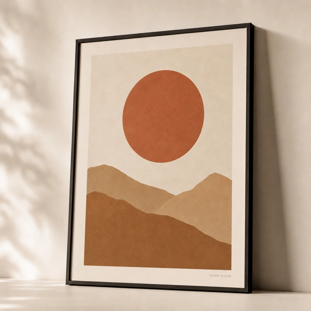 Terracotta Sun Mountains Poster — Terracotta sun behind ochre desert mountains warm earth tones, premium hero shot, Atelier Poster