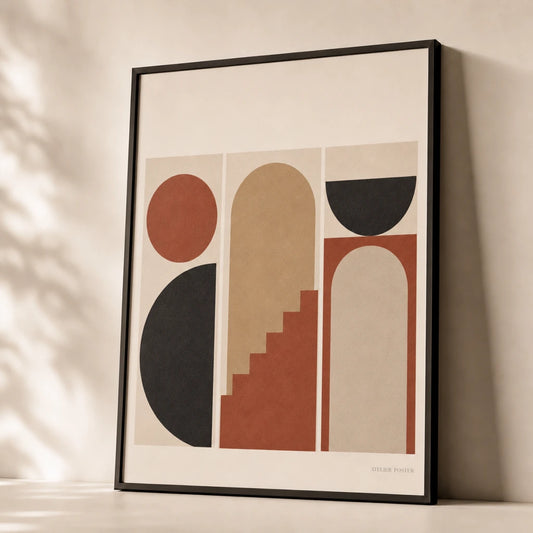 Geometric Trio Set Gallery Poster — Three coordinated geometric modernist shapes trio gallery, premium hero shot, Atelier Poster