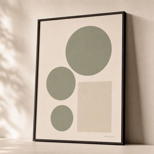 Clean Girl Sage Minimal Poster — Three sage circles cream rectangle clean girl aesthetic, premium hero shot, Atelier Poster