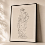 Modern Statue Silhouette Poster — Minimalist continuous-line classical draped statue silhouette in thin black, premium hero shot, Atelier Poster