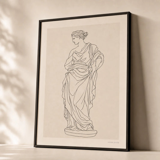 Modern Statue Silhouette Poster — Minimalist continuous-line classical draped statue silhouette in thin black, premium hero shot, Atelier Poster