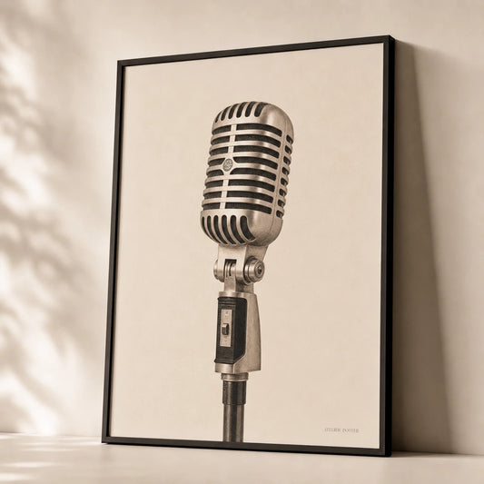 Vintage Microphone Poster — Single vintage 1940s ribbon microphone chrome and black, premium hero shot, Atelier Poster