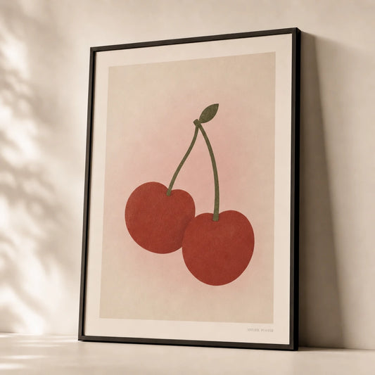Soft Girl Cherry Pair Poster — Two cherries with green stems soft girl Pinterest aesthetic, premium hero shot, Atelier Poster