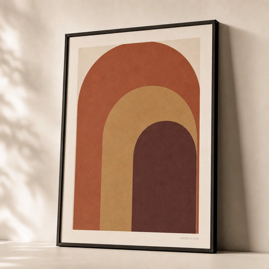 Oversized Geometric Arches Poster — Oversized three overlapping arches terracotta ochre burgundy, premium hero shot, Atelier Poster