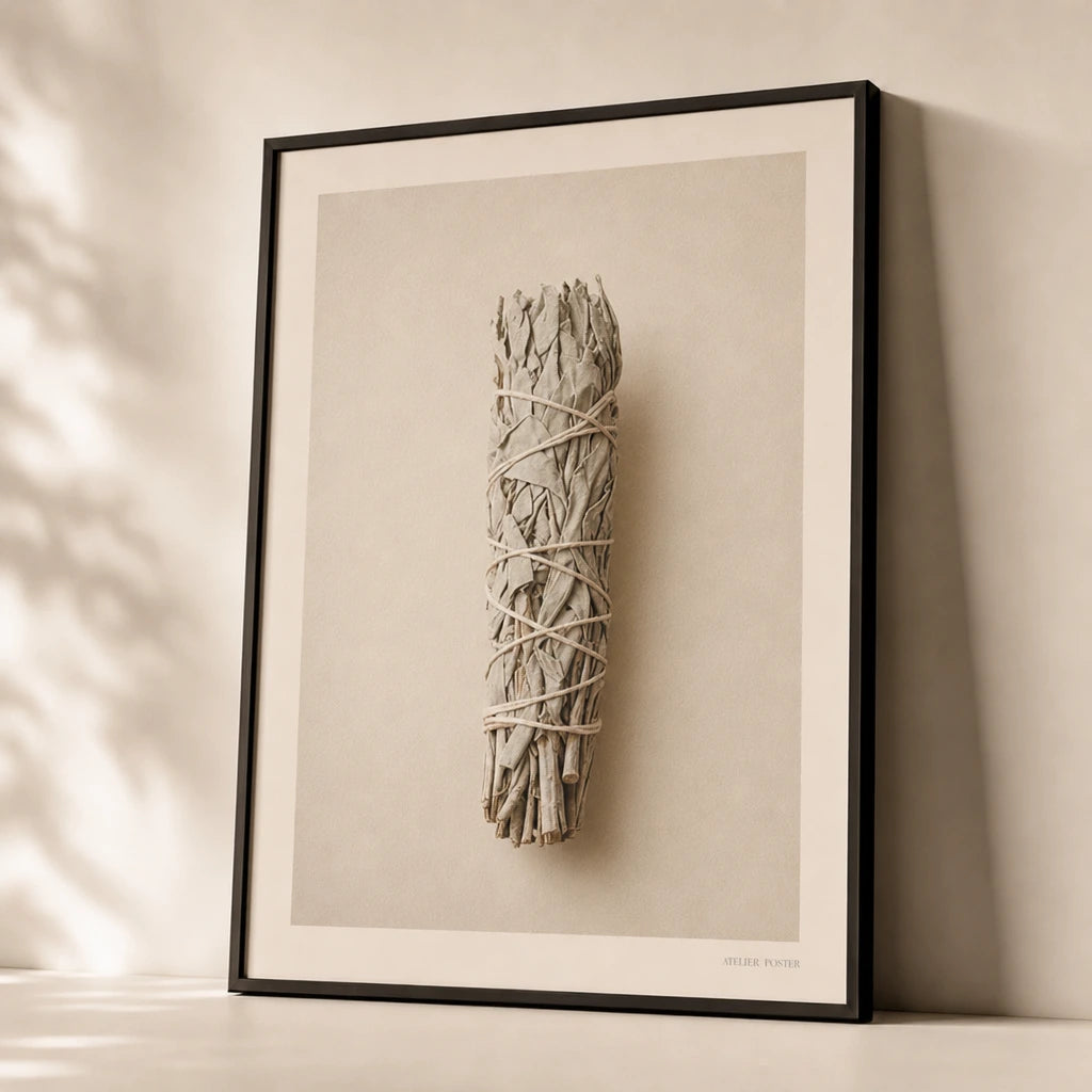 Sage Smudge Stick Poster — Single bundled white sage smudge stick tied with twine, premium hero shot, Atelier Poster