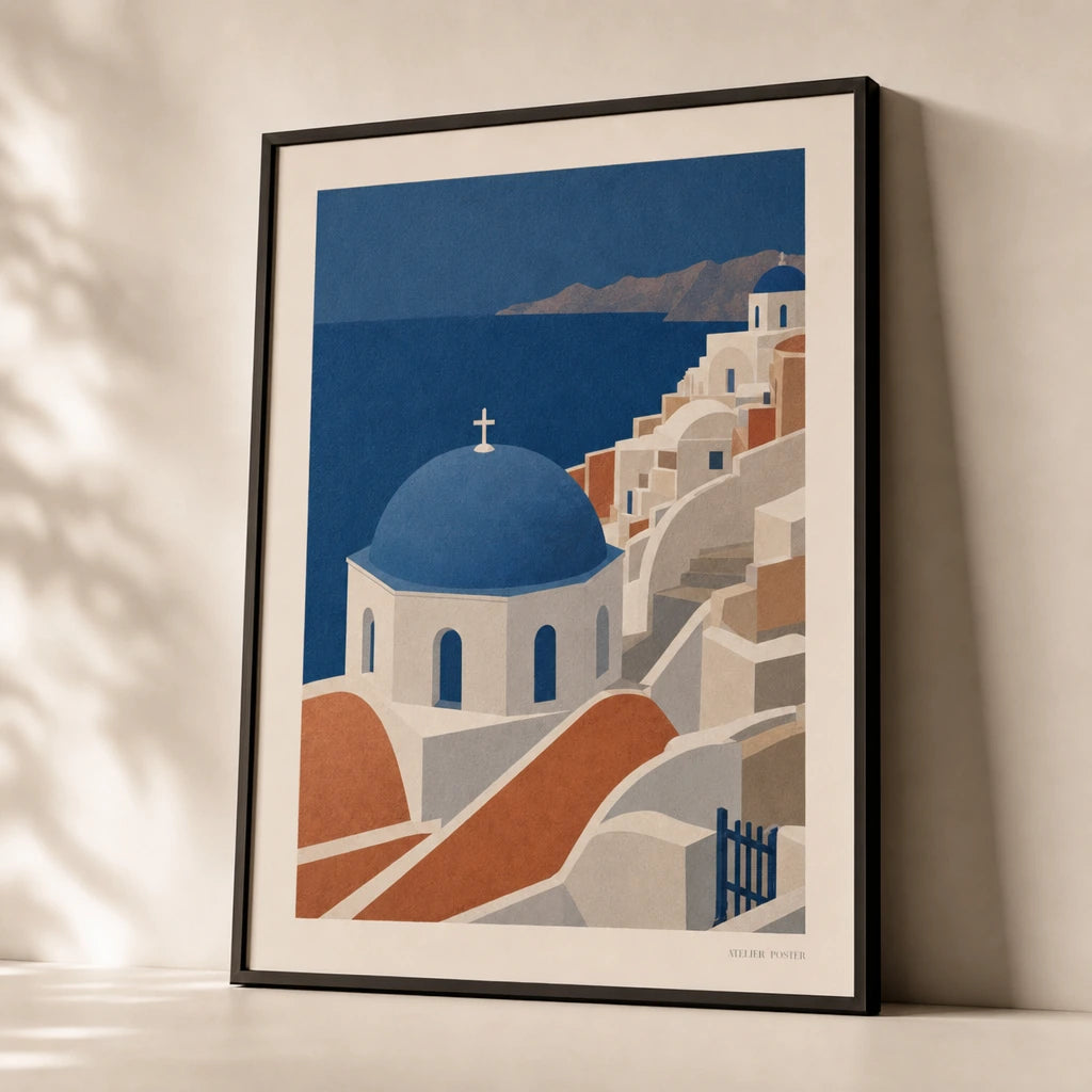 Greek Islands Santorini Poster — Mid-century Santorini blue domes on deep Aegean blue, premium hero shot, Atelier Poster