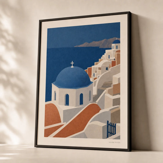 Greek Islands Santorini Poster — Mid-century Santorini blue domes on deep Aegean blue, premium hero shot, Atelier Poster