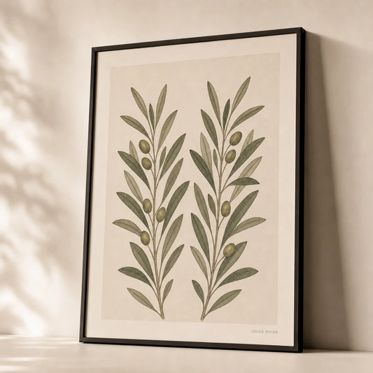 Olive Branch Twin Poster — Two hand-drawn olive branches in muted sage and olive, premium hero shot, Atelier Poster