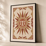Aztec Geometric Sun Poster — Aztec-inspired geometric sun motif in terracotta and ochre, premium hero shot, Atelier Poster