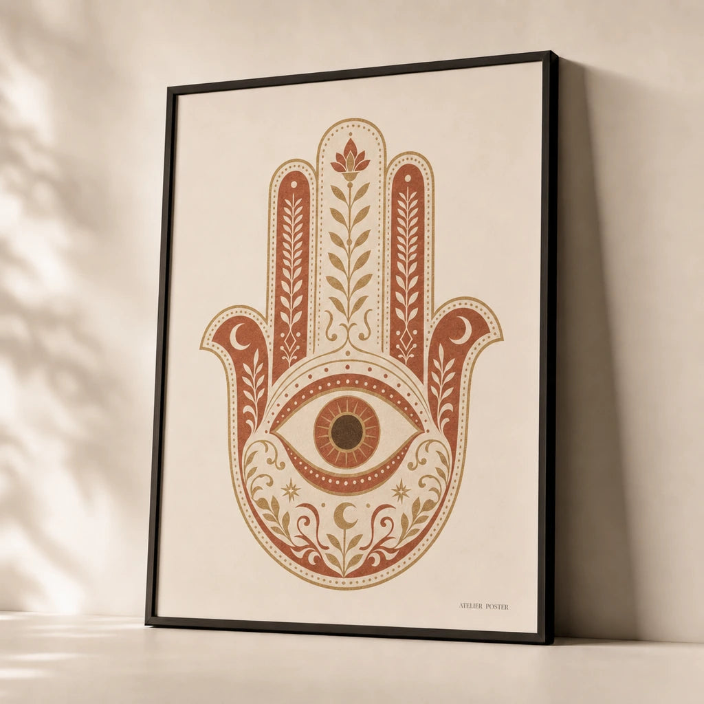 Boho Hamsa Hand Poster — Traditional hamsa hand with palm patterns in warm gold, premium hero shot, Atelier Poster