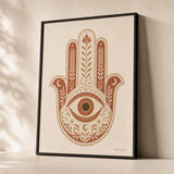 Boho Hamsa Hand Poster — Traditional hamsa hand with palm patterns in warm gold, premium hero shot, Atelier Poster