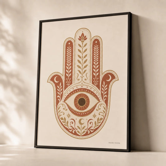 Boho Hamsa Hand Poster — Traditional hamsa hand with palm patterns in warm gold, premium hero shot, Atelier Poster