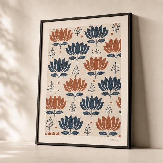 Block Print Indian Lotus Poster — Indian block-print lotus motif indigo terracotta on cream, premium hero shot, Atelier Poster