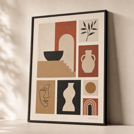 Mixed Media Salon Set Gallery Poster — Seven-print salon-style mixed media gallery warm balanced, premium hero shot, Atelier Poster