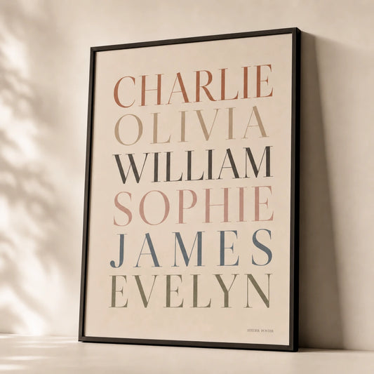 Sibling Names Custom Poster — Personalized sibling names elegant serif typography keepsake, premium hero shot, Atelier Poster