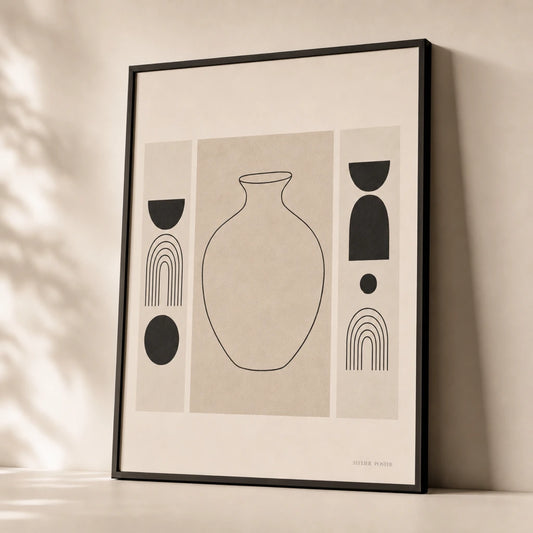 Statement Vase Flanking Set Gallery Poster — Statement vase still-life line drawing with two flanking monochrome set, premium hero shot, Atelier Poster