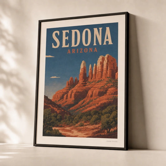 Sedona Red Rocks Poster — 1940s Sedona red rock mesas in terracotta on deep blue, premium hero shot, Atelier Poster