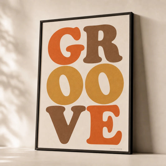 Funky Typography Groove Poster — 1970s funk typography 'GROOVE' Cooper Black orange brown, premium hero shot, Atelier Poster