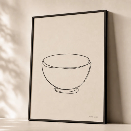 Ceramic Bowl Line Poster — Single-line ceramic bowl object study in black on cream, premium hero shot, Atelier Poster