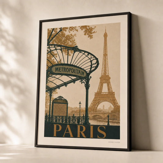 Paris Metro Vintage Poster — Art Deco Paris travel illustration with Eiffel Tower silhouette, premium hero shot, Atelier Poster