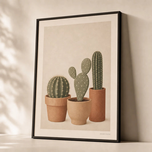 Cactus Family Trio Poster — Three small cacti in muted sage and soft terracotta tones, premium hero shot, Atelier Poster