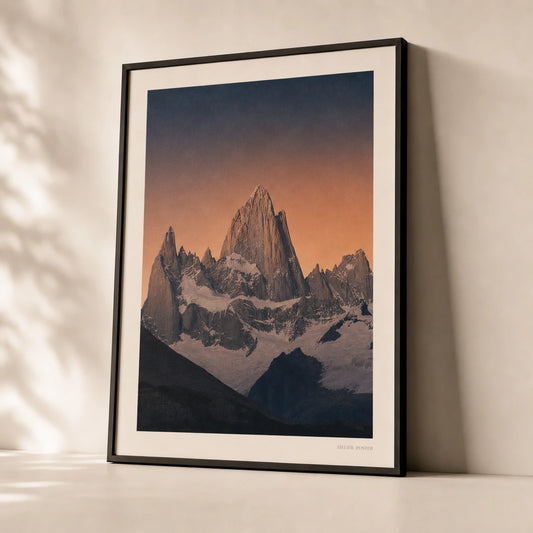 Patagonia Mountain Poster — Patagonia Fitz Roy peaks against terracotta to navy sky, premium hero shot, Atelier Poster