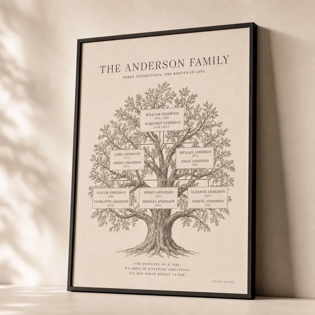 Family Tree Names Custom Poster — Personalized family tree three generations elegant serif, premium hero shot, Atelier Poster