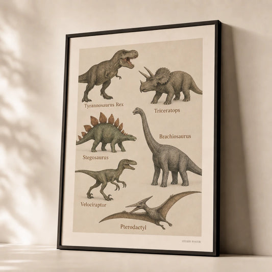 Dinosaur Identification Poster — Six labeled dinosaurs in warm earth-tone scientific style, premium hero shot, Atelier Poster