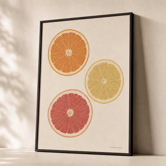 Citrus Slice Trio Poster — Three citrus cross-sections in warm orange, yellow, blush, premium hero shot, Atelier Poster