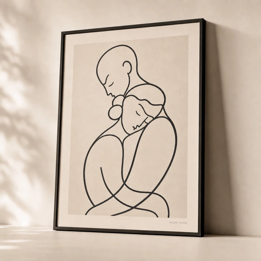 Oversized Two Lovers Poster — Oversized two lovers embrace continuous black line romantic, premium hero shot, Atelier Poster