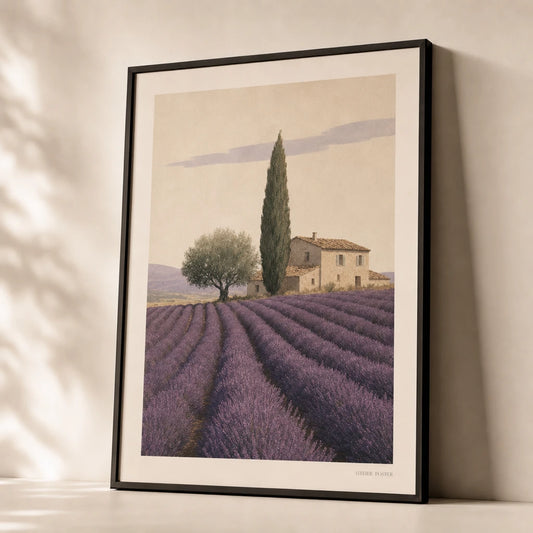 Provence Lavender Fields Poster — Mid-century Provence lavender fields with stone farmhouse, premium hero shot, Atelier Poster