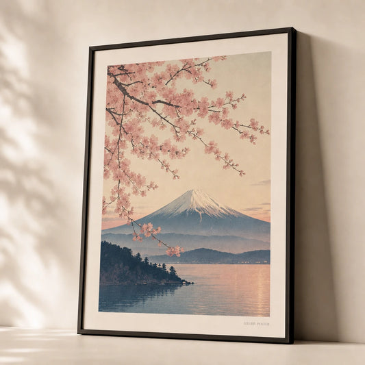 Tokyo Mt Fuji Poster — Japanese woodblock-style Mt Fuji with cherry blossoms, premium hero shot, Atelier Poster