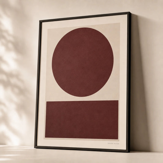 Burgundy Abstract Composition Poster — Burgundy circle and rectangle moody wine-toned modern, premium hero shot, Atelier Poster