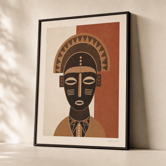 Tribal Mask Wall Poster — Stylized African-inspired tribal mask in warm earth tones, premium hero shot, Atelier Poster