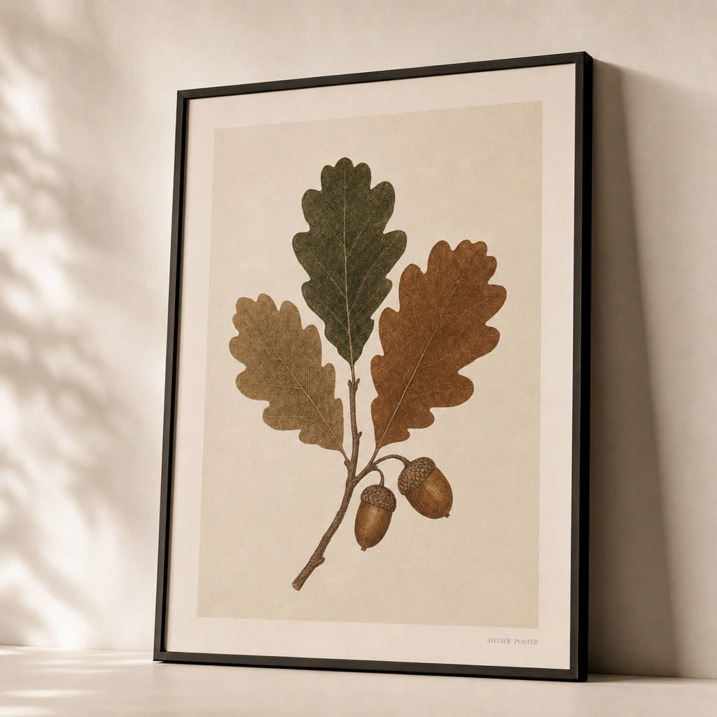 Acorn Oak Branch Poster — Oak branch with three leaves and two acorns in warm umber, premium hero shot, Atelier Poster